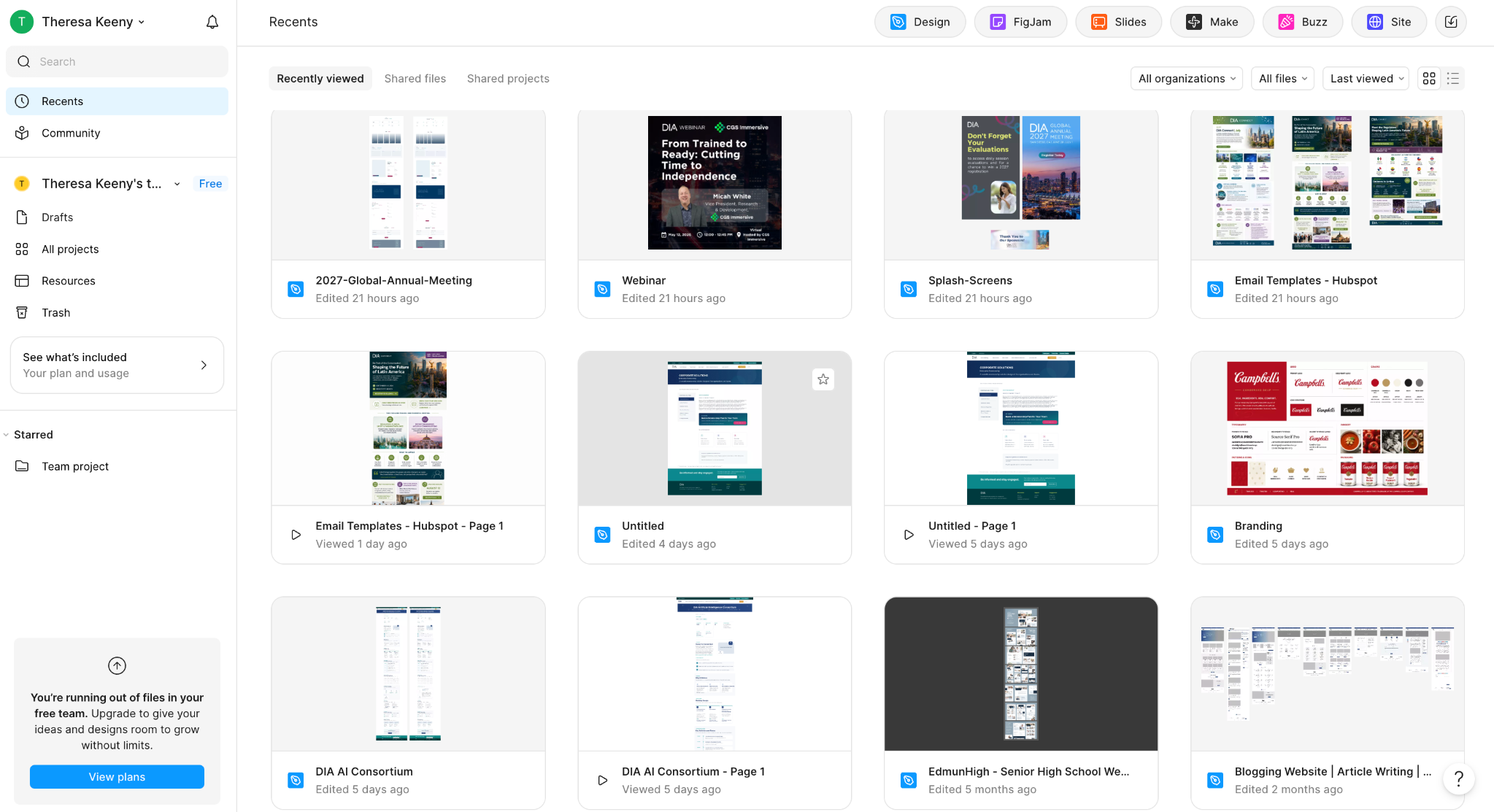 Theresa's Figma workspace showing DIA project files